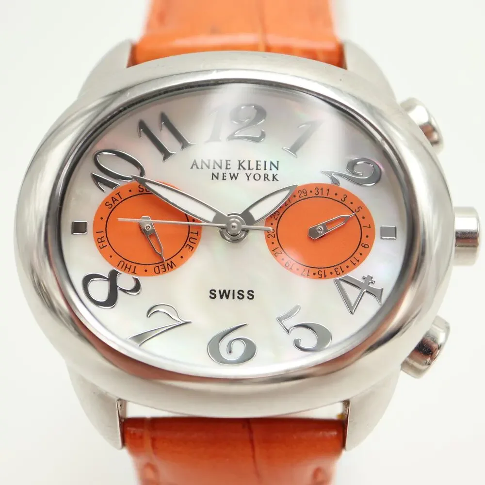 Anne Klein Swiss Oval Orange MOP 35mm Womens Watch Day Date Leather New Battery
